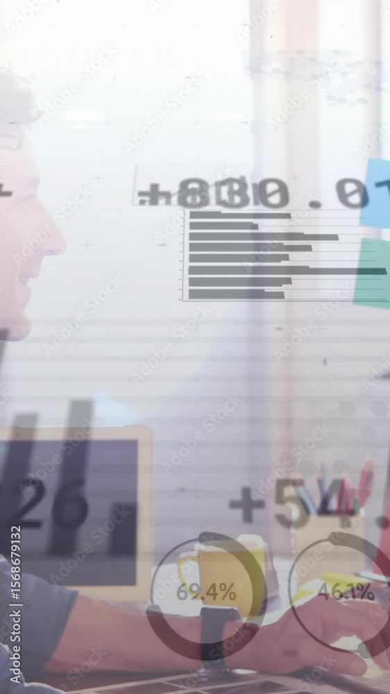 Poster animation of financial data processing over caucasian businessman using computer