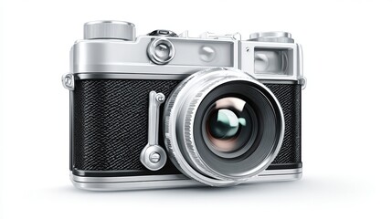 A detailed studio shot of a classic, vintage-inspired camera with a glossy chrome finish