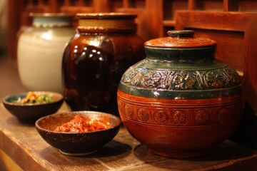 Jangdokdae is a container for fermenting sauces like soy sauce and pastes The largest jar holds soy sauce the middle one holds soybean paste and the smaller jar
