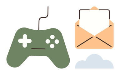 Green gaming controller, open envelope with paper, and gray cloud. Ideal for gaming, communication, cloud storage, digital technology, productivity online interaction entertainment. Simple flat