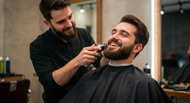 Smiling barber trimming beard of happy customer in modern barber shop - Powered by Adobe