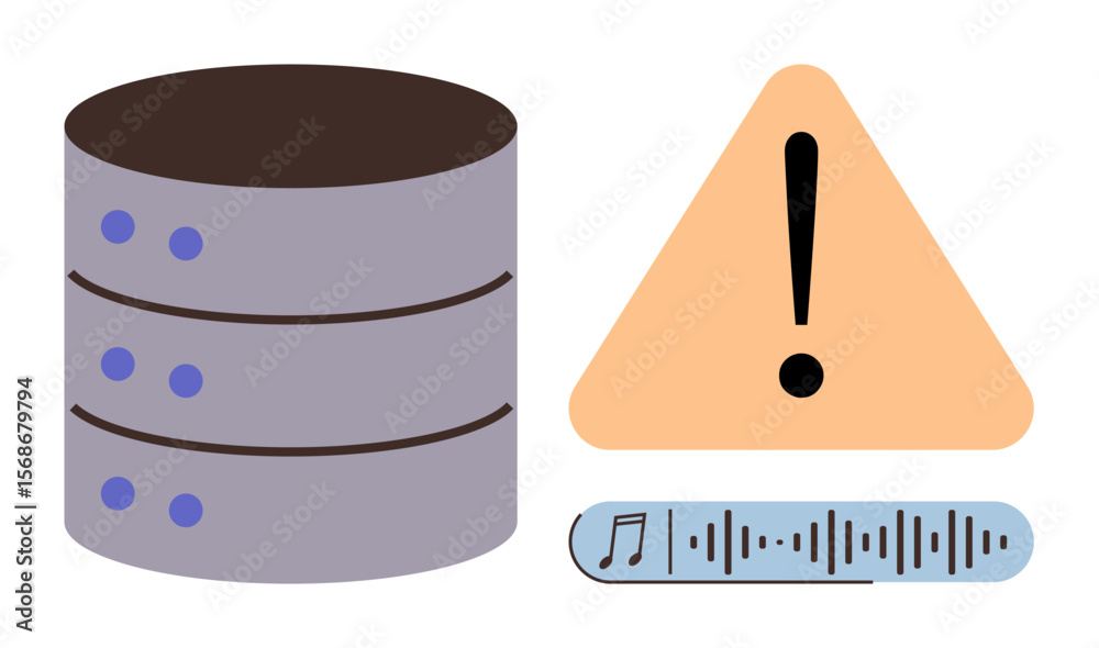 Poster database stack, triangular warning sign, and audio file visualization. ideal for cybersecurity, it f