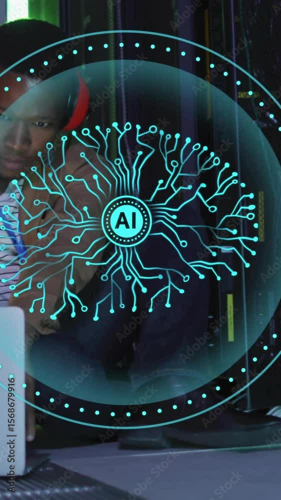 Poster animation of human brain ai data processing over african american man using lapt