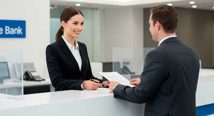 Friendly bank teller helping customer at counter
