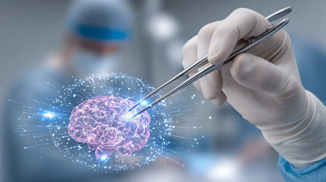 Surgical tweezers delicately grasping a holographic brain in an operating room, symbolizing precision neurotechnology and medical innovation.
