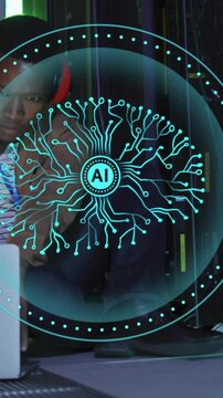 Animation of human brain ai data processing over african american man using lapt