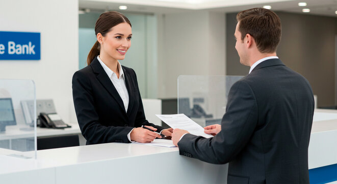 Friendly bank teller helping customer at counter