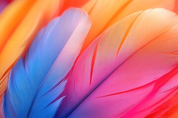 Macro image of colorful bird feathers, blue, pink, orange. Ideal for backgrounds, textures, and abstract graphic designs.