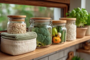 Pantry Staples in Glass Jars on Shelf