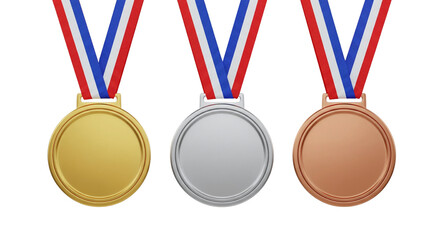 Gold silver bronze medals with ribbons