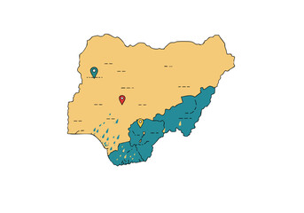 Obraz premium A stylized map of Nigeria highlights flood impact zones. Raindrops and relief efforts are depicted. Clean, modern design for impactful visuals.