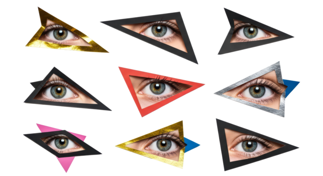 Artistic eye collage with geometric shapes in various colors on black.