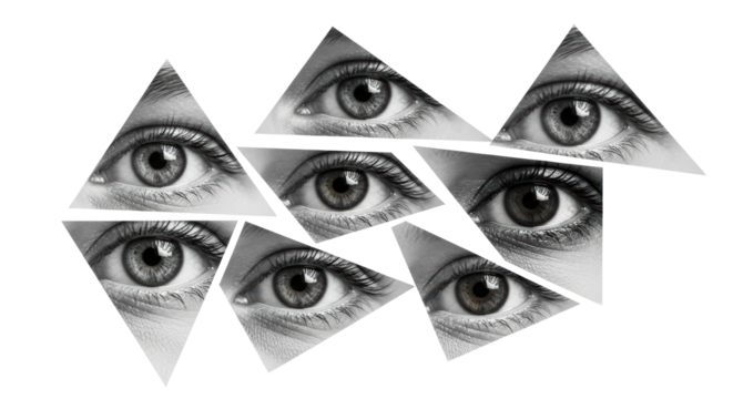 Intriguing grayscale image of eyes arranged in a fragmented geometric design.