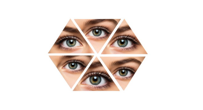 Close-up view of eyes arranged in a geometric design with a transparent background
