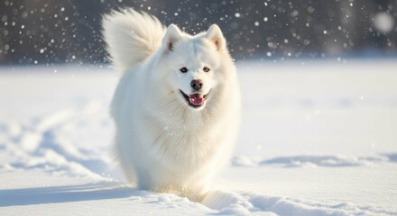 Fototapeta premium Fluffy white dog running in snow, winter day outdoors