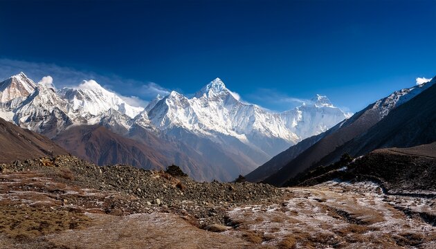 majestic snow covered peaks of kanchenjunga dominate the himalayan landscape at ramche en route to kanchenjunga base camp nepal with a stunning contrast of rugged terrain and blue skies