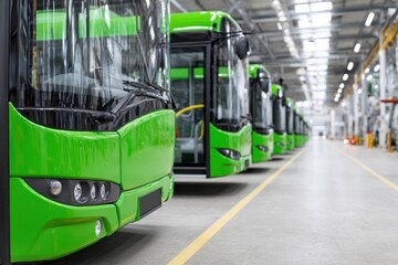 New green buses parked in a row inside a spacious factory, waiting for final inspection before delivery.
