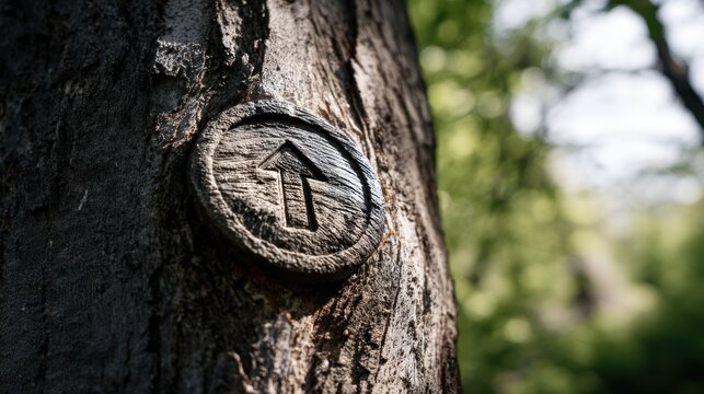 Upward carved path marker on a tree trunk - Powered by Adobe