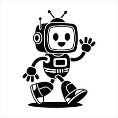 Happy Cartoon Robot Silhouette Vector Smiling Retro TV Robot Character with Antennas and Wave Gesture.