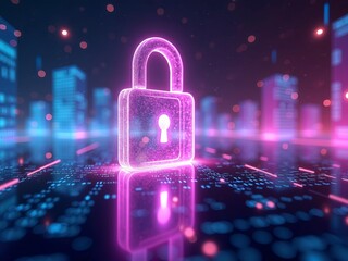 Futuristic digital padlock glowing in neon cityscape symbolizing cybersecurity, data protection, and safe technology in a virtual world