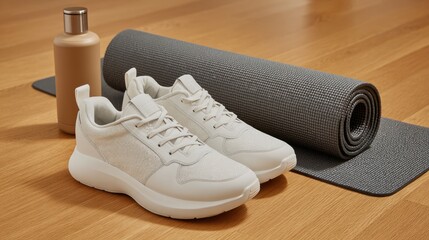 White sneakers, yoga mat, water bottle on wooden floor