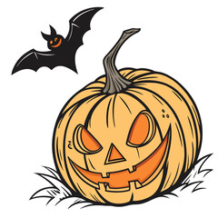 Grinning jack o lantern with flying bat pumpkin carved
