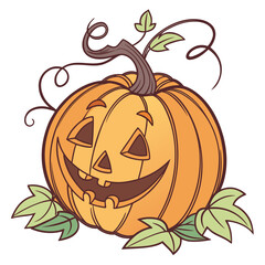 Grinning jack o lantern with leaves and vines pumpkin