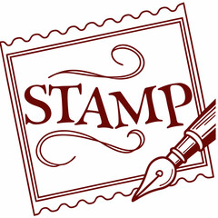 Maroon stamp with pen on white postage postal