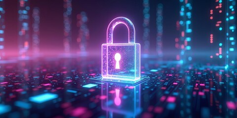 Futuristic glowing padlock symbolizing cybersecurity and data protection in a digital landscape filled with colorful information streams