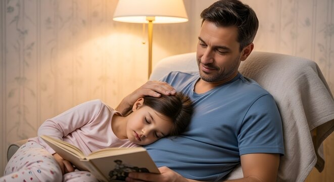 A father lovingly reads a bedtime story to his young daughter as she rests her head on his chest - Powered by Adobe