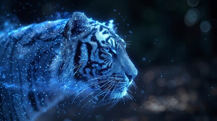 Blue-toned tiger walks. Glowing particles accent fur. Dark background. Profile view