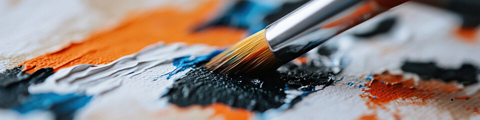 Fototapeta premium Paintbrush Applying Black Paint to Textured Canvas