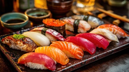 Variety of sushi on a tray