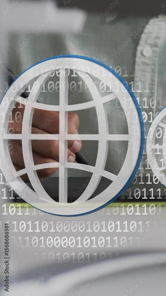 Poster animation of globe icons, binary coding data processing over businessman in office