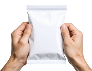 Male Hand Holding Blank White Foil Snack Pack, Isolated on Transparent Background