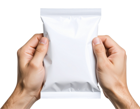 Male Hand Holding Blank White Foil Snack Pack, Isolated on Transparent Background