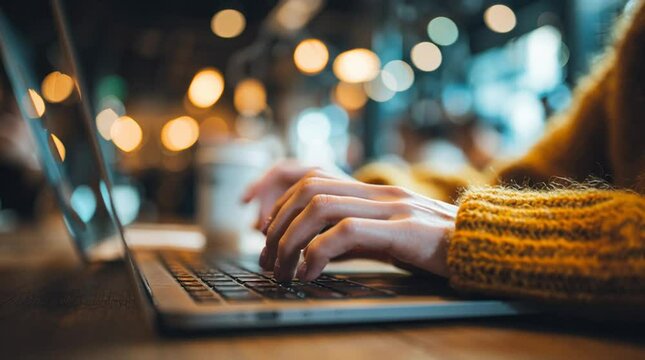 Typing on laptop keyboard close up for work from home productivity and online business success tips