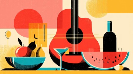 Naklejka premium Vibrant still life of fruits, drinks, and a guitar