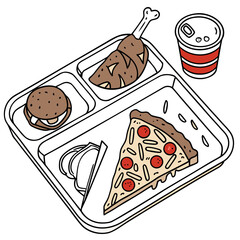 Tray with pizza burger chicken and soda food tray fried chicken