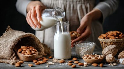 Woman pouring almond milk