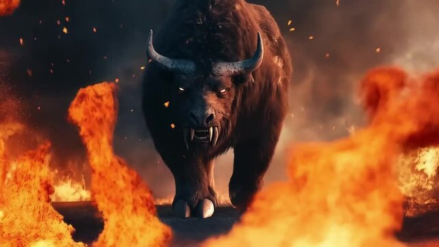 The fierce bull charged aggressively across the field, kicking up dust with every powerful step forward.