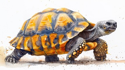 Obraz premium Watercolor tortoise. Bright orange shell, dark legs and head, walking across light sandy ground