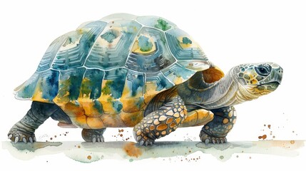 Obraz premium Watercolor painting of a tortoise walking. Greens and blues blend in the shell