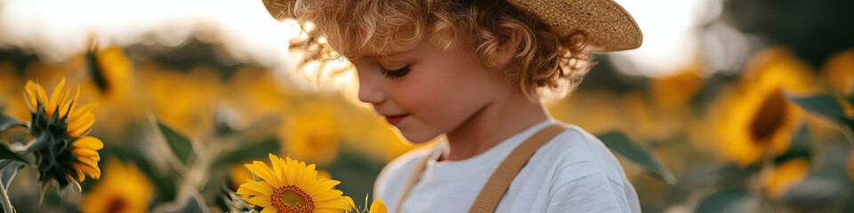 Fototapeta premium Toddler Examining Sunflower in Sunflower Field