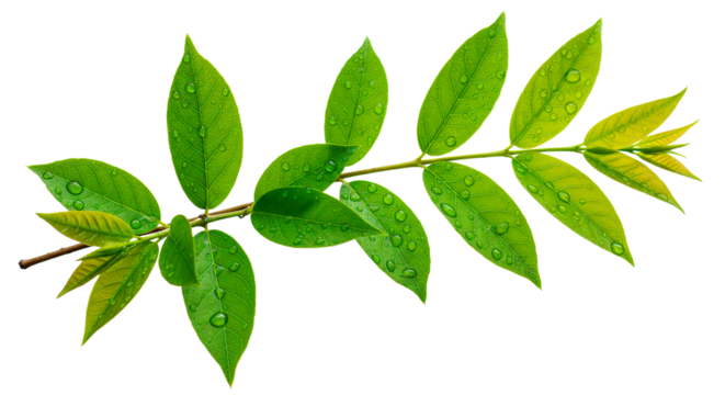 Fresh green leaves with water droplets close up nature foliage plant growth botanical beauty branch stem 100char