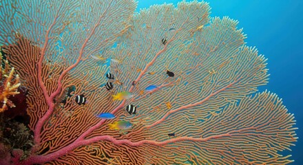Sea fan coral and reef fish in ocean, aquatic marine life