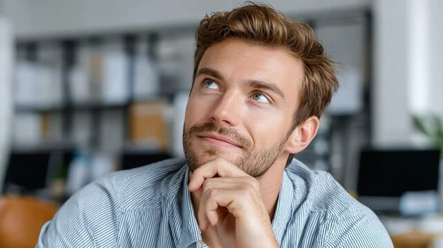 Thoughtful Gaze: A handsome individual, engrossed in deep contemplation, lifts their gaze upwards, revealing a moment of introspection and mindful consideration. 