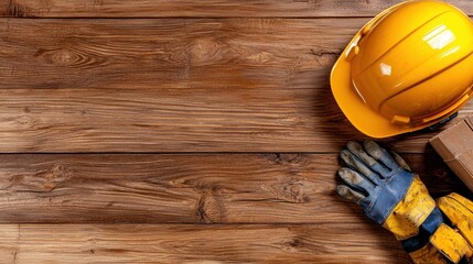 Yellow Hard Hat and Work Gloves on Rustic Wooden Background