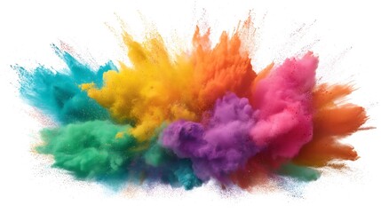 Rainbow dust powder explosion isolated white background. Dynamic blast eruption, vibrant colorful effect, lgbt, party, celebration, festival, color run element