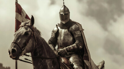 A high-quality AI-generated image of medieval knight on horseback with banner for commercial use.